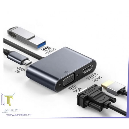 Adaptador USB-C Para VGA e HDMI + USB 3.0