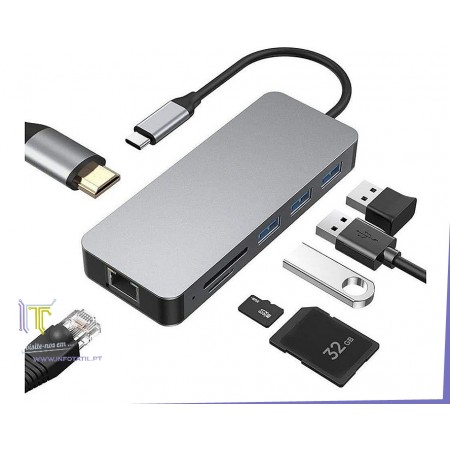 Hub USB-C P/ USB-C/ 3xUSB / RJ45 / 2xCartões PROK