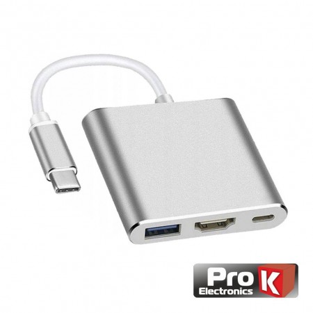 HUB USB-C P/ USB-C / USB-A 3.0 / HDMI PROK - PK-USBC-3IN1