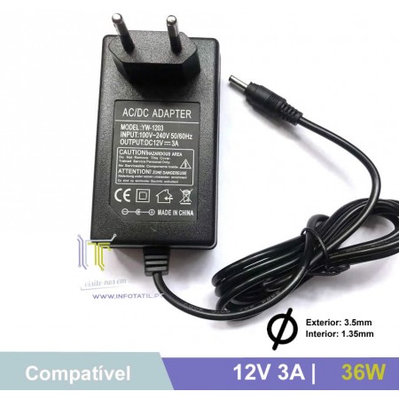 Carregador 12V 3A 36W e-Escolas (3.5x1.35mm) - YW-1203